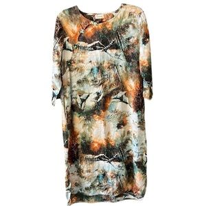 Kigzuu Sz L Like New Linen Blend Novelty Printed Midi Dress Boho Earthy Fairy